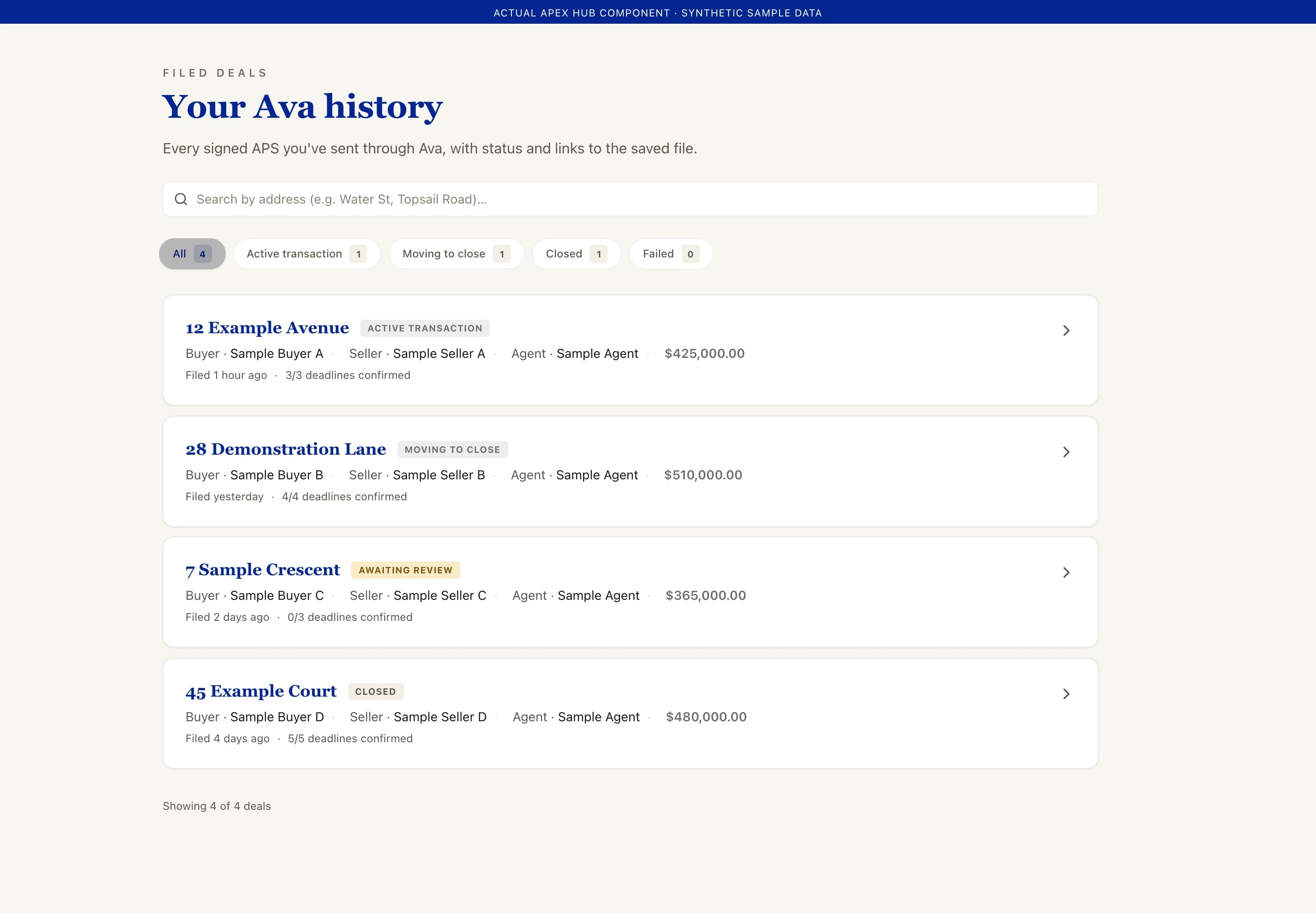 Actual Apex Hub interface showing filed deals with synthetic sample data
